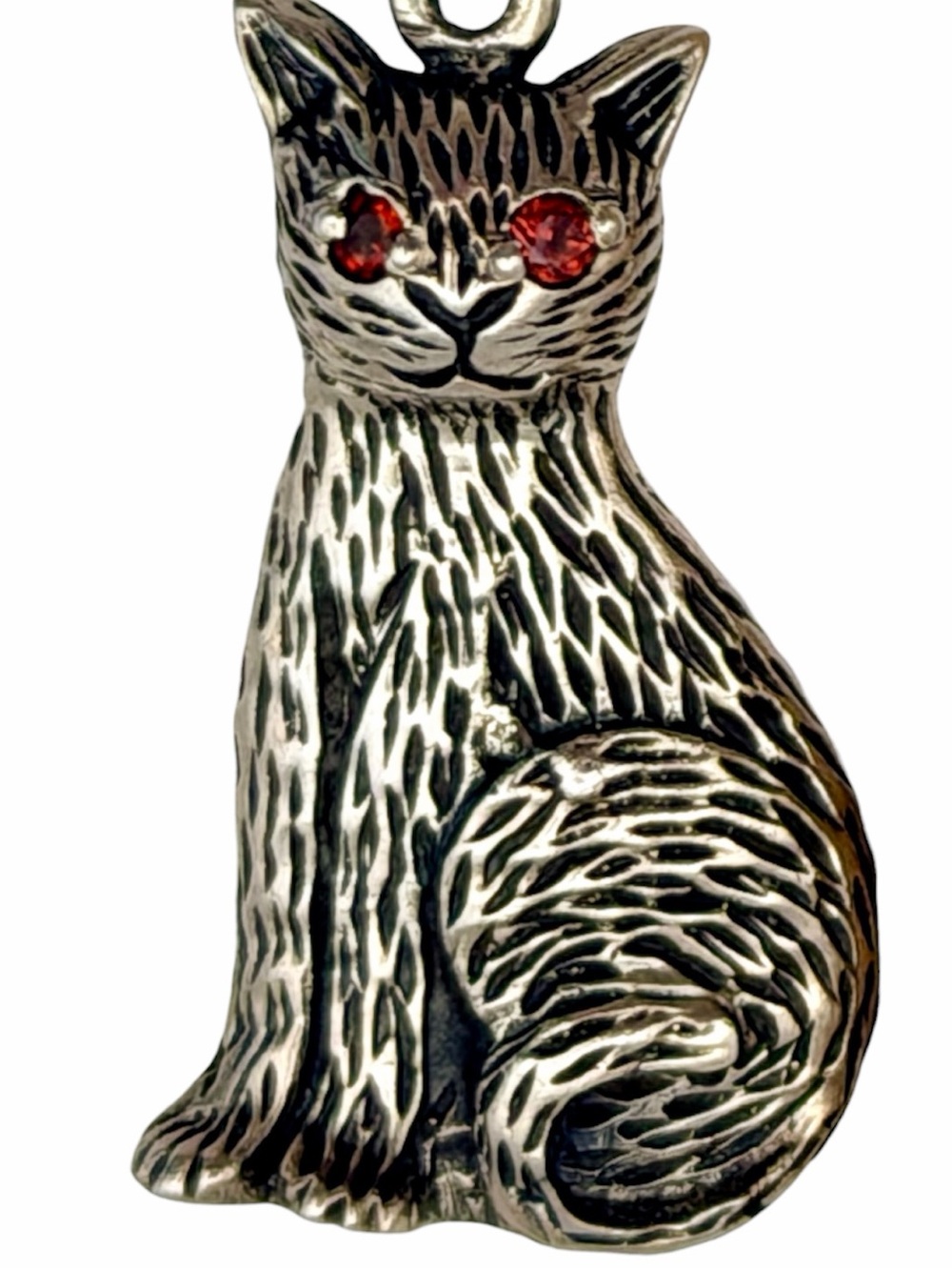 Textured Sterling Silver Cat Pendant Necklace Red Crystal Eyes Adjustable 16-18”